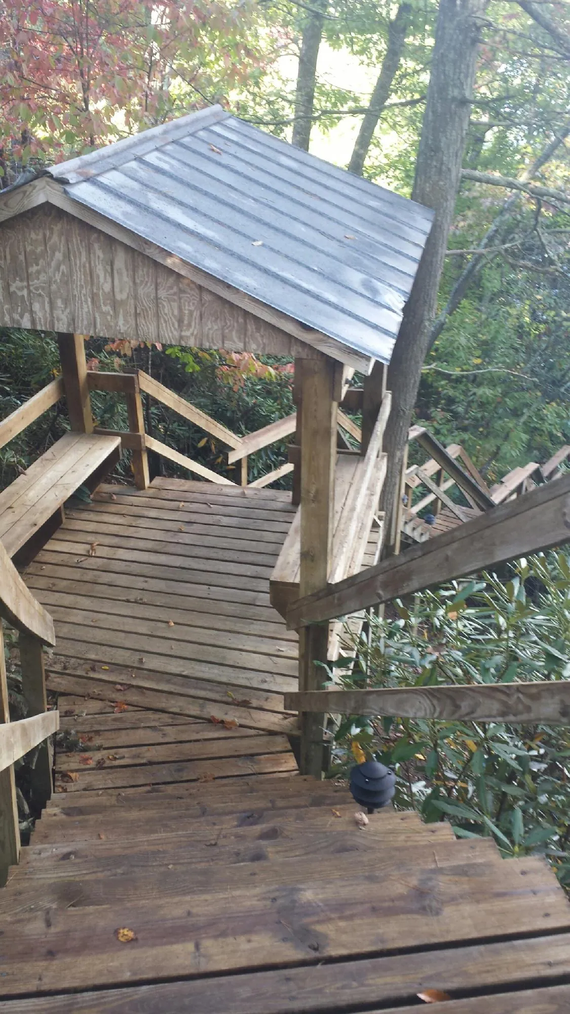 Metal roofed shelter over wooden steps on a wooded walkway — Skylight Repair & Installation work by our crew in Preston